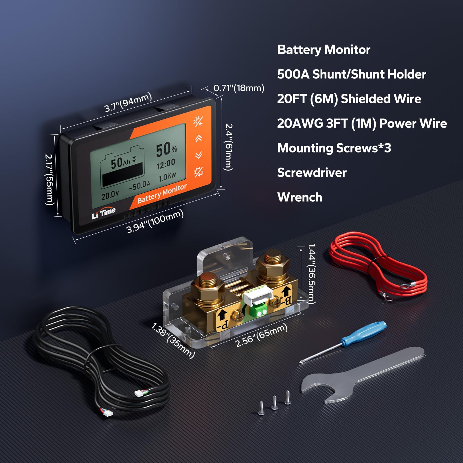LiTime Monitor per batteria da 500 A, con display LCD e shunt, 8 V-120 V, per camper, carrello da golf, batteria solare