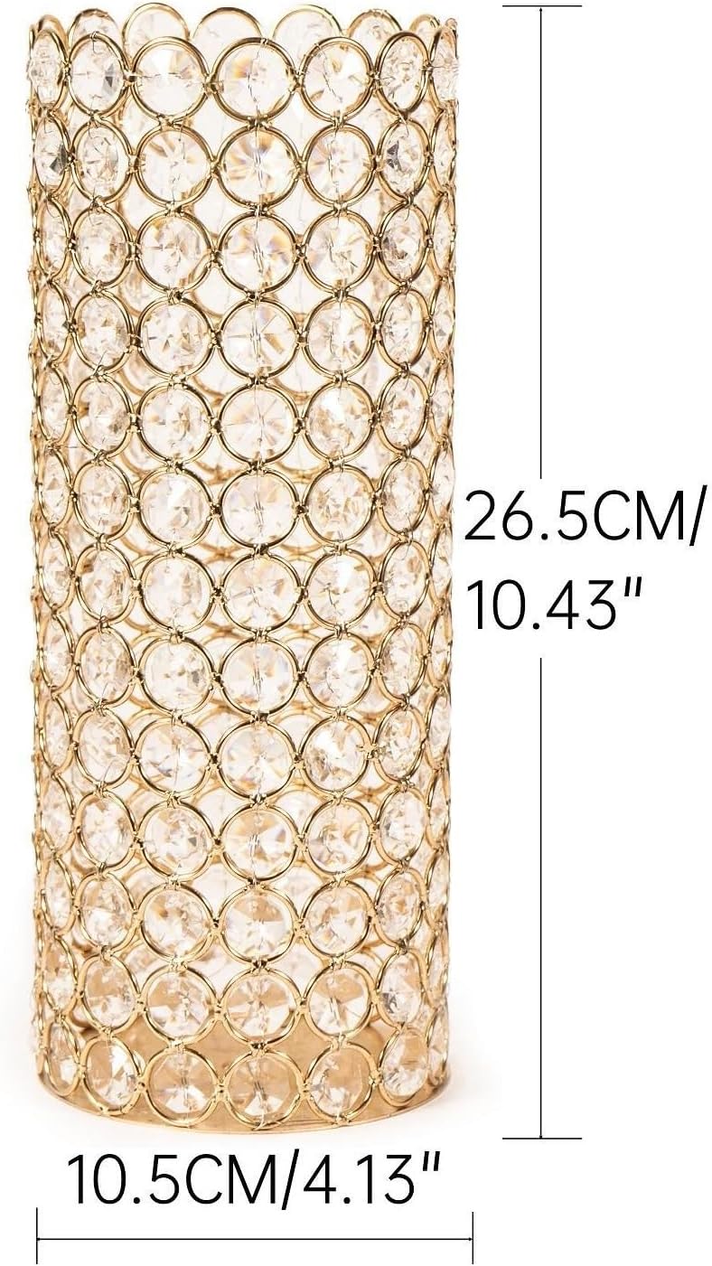 8 Pcs Gold Crystal Candle Holders Decoration - Hollow Ellipse Vase，10.4 Inch Cylinder Crystal Wedding Centerpiece Table Decoration Cylinder Metal Vase