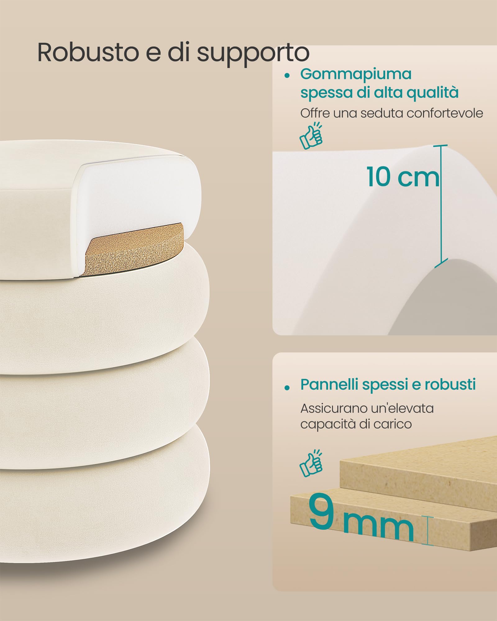 SONGMICS Sgabello Trucco, Pouf Contenitore Rotondo, Poggiapiedi Imbottito, Coperchio Rimovibile, Soggiorno Camera da Letto Ingresso, Facile da Montare, 43 x 47 cm, Velluto, Bianco Crema LOM018LH01