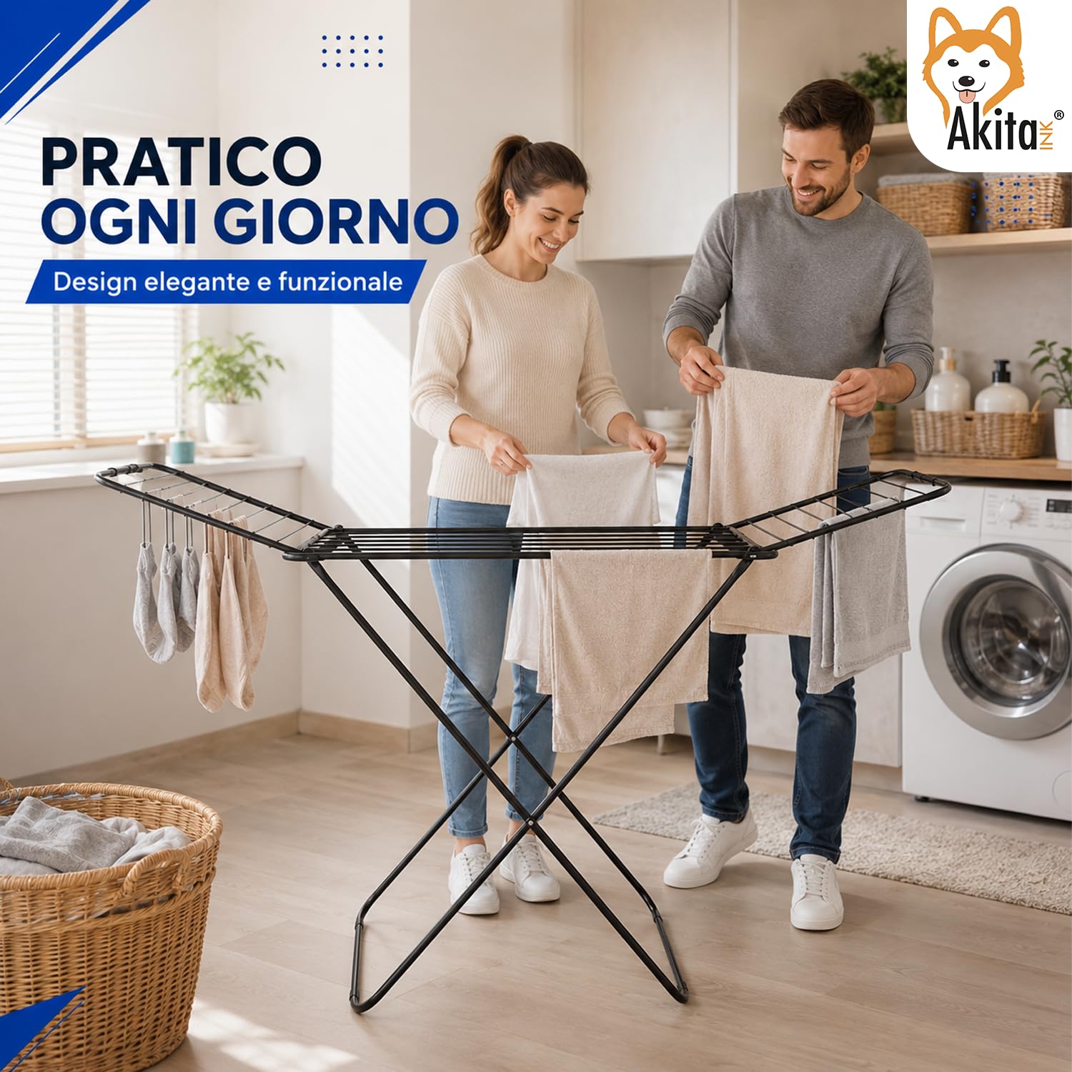 AKITAInk Stendibiancheria WINGSLUX Nero da Pavimento, 18 m di Stenditura, Pieghevole in Acciaio con Supporto Calzini e Piedini Antiscivolo