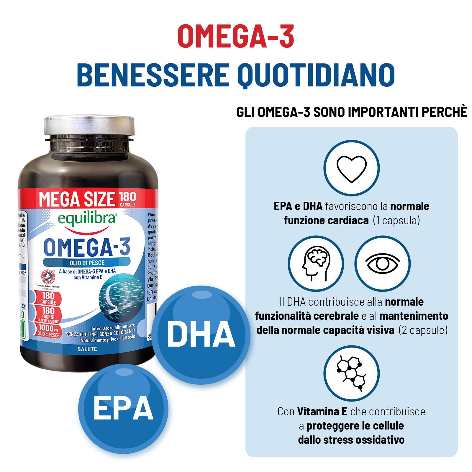 Equilibra Omega 3, Olio di Pesce 2000mg, EPA 582mg e DHA 388mg per Dose max, Scorta 6 mesi, 180 capsule, Normale Funzione Cardiaca, Funzionalità Cerebrale e Capacità Visiva, Senza Glutine e Lattosio