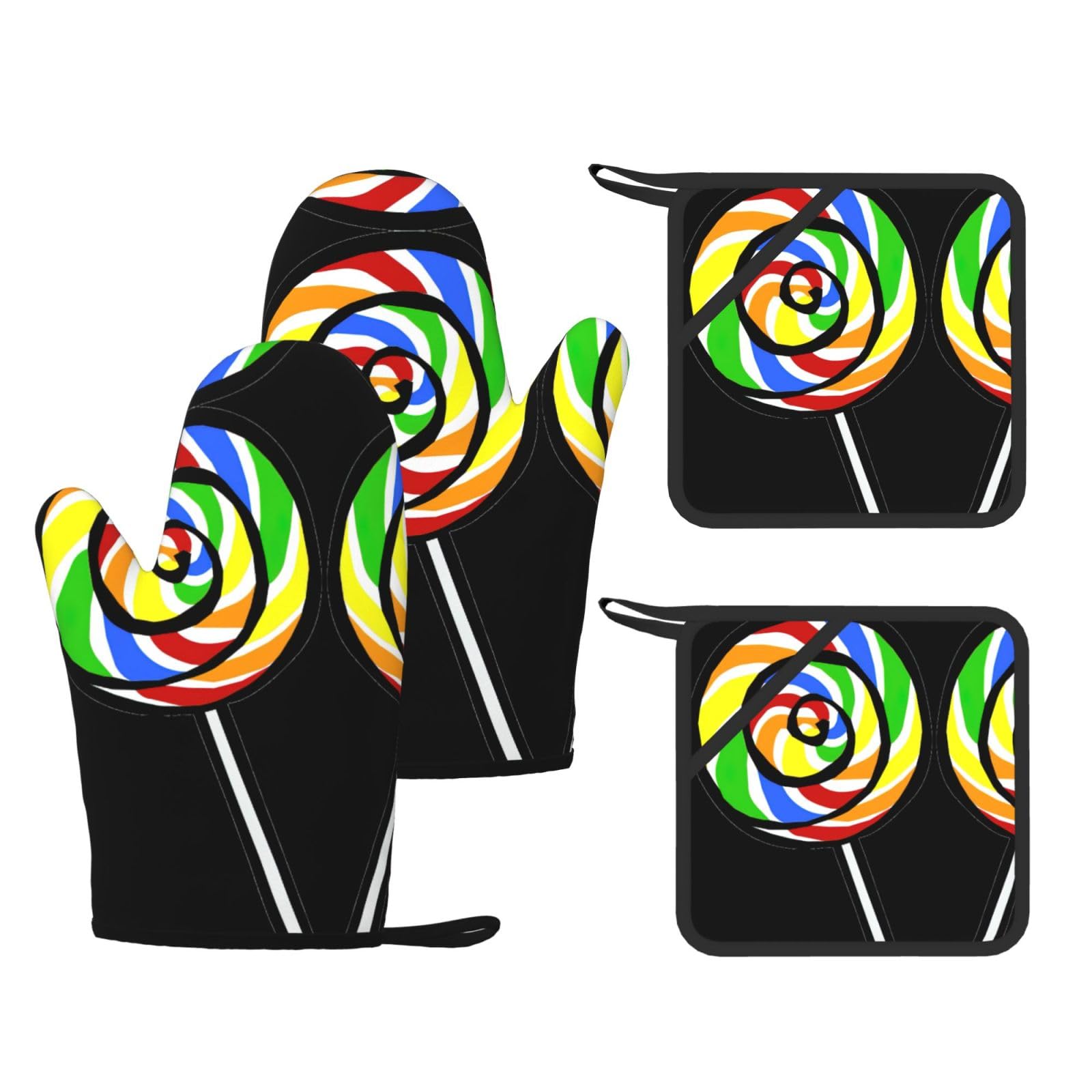 Eeprty Black Lollipop. Printed Kitchen Oven Gloves And Potholder 4 Pcs, Non-Slip Heat Resistant Mitts For Baking Chef