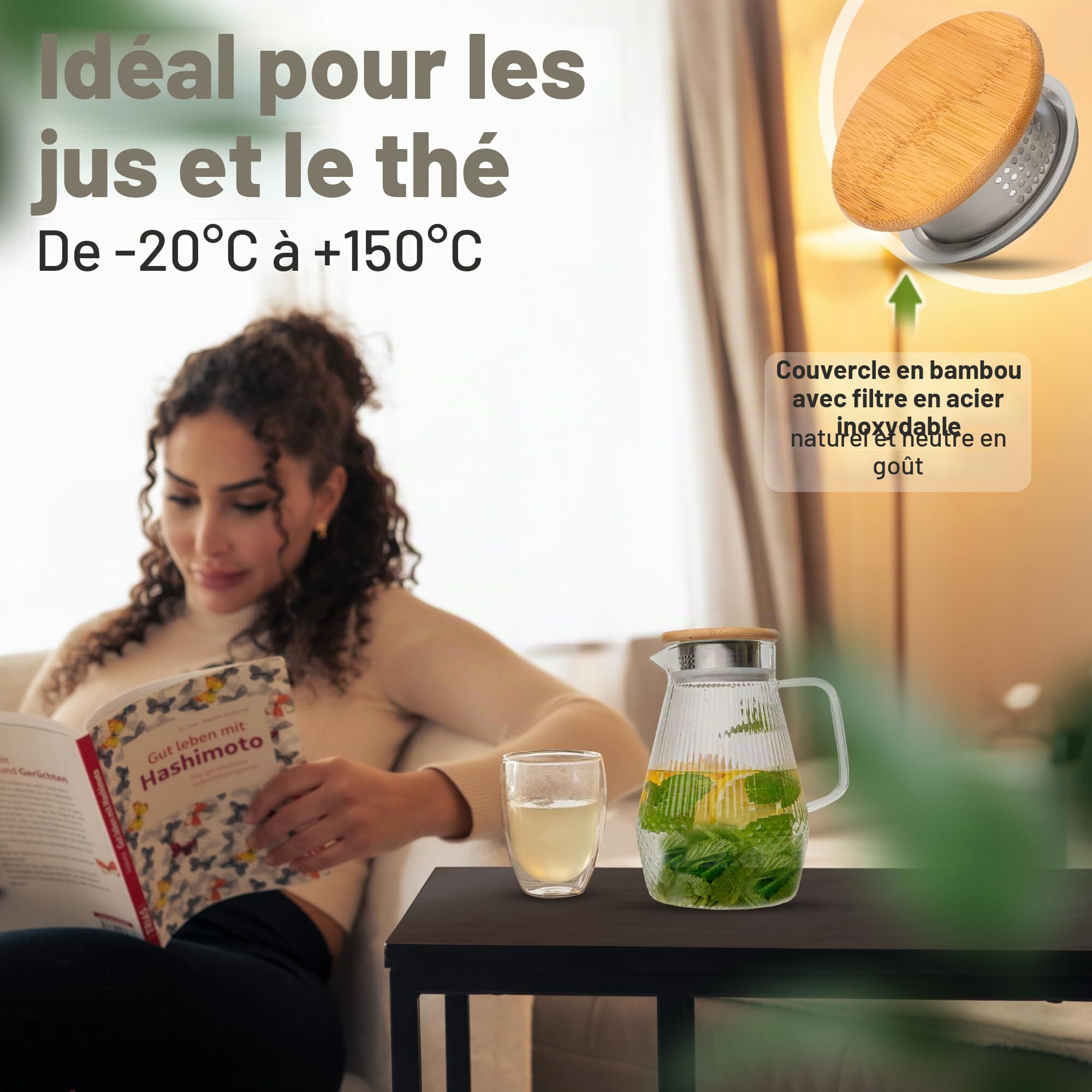 CLIDOR Carafe à eau - 1,5 l - Épaisseur de verre renforcée - Convient pour boissons chaudes et froides - Bec verseur anti-goutte - Carafe en verre moderne - Théière en verre robuste avec couvercle