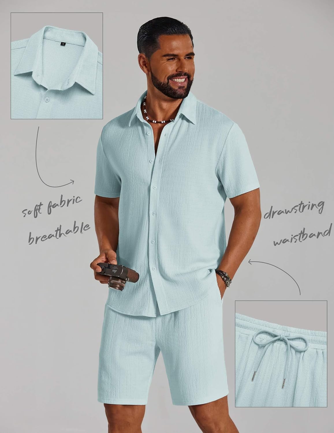 COOFANDY Men's 2 Piece Outfit Casual Short Sleeve Button Down Shirt and Beach Shorts Set Summer Vacation Outfits for Men - Image 6