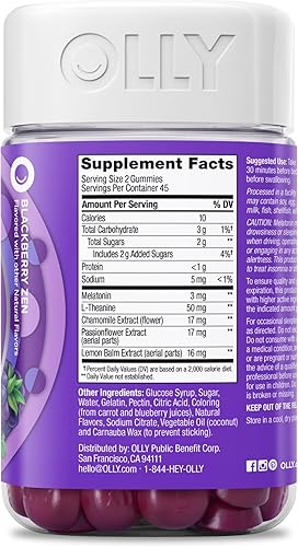 Miniatura 10 de OLLY Gomitas para Dormir, 3 mg de Melatonina, L-teanina, Manzanilla, Bálsamo de Limón, Ayuda para Dormir, Sabor a Mora, 90 Unidades
