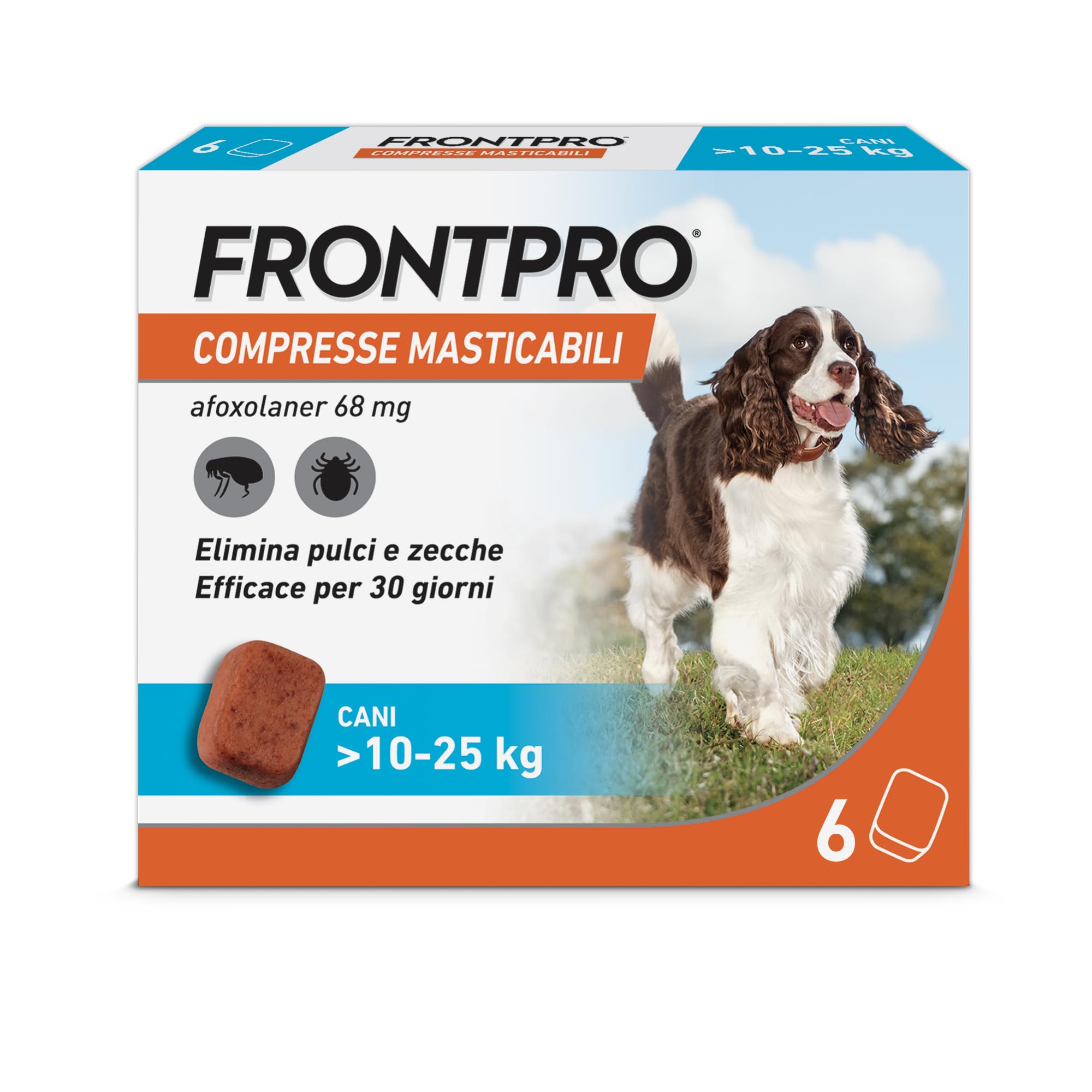 FRONTPRO 6 Compresse Masticabili Antiparassitario per Cani di Peso > 10-25 kg Protegge da Pulci Zecca Uova e Larve Antipulci in Confezione da 6 Compresse da 68 mg di Afoxolaner