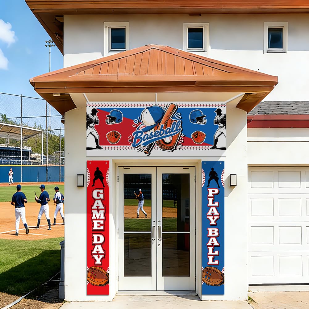 SUPERDANT 3Pcs Baseball Porch Banner Fabric Game Day Sign Play Ball Outdoor Door Couplet Set Reusable Photo Backdrop With Hooks Rope For Tailgate Cookout Birthday Summer Sports Party Decor 180x30cm