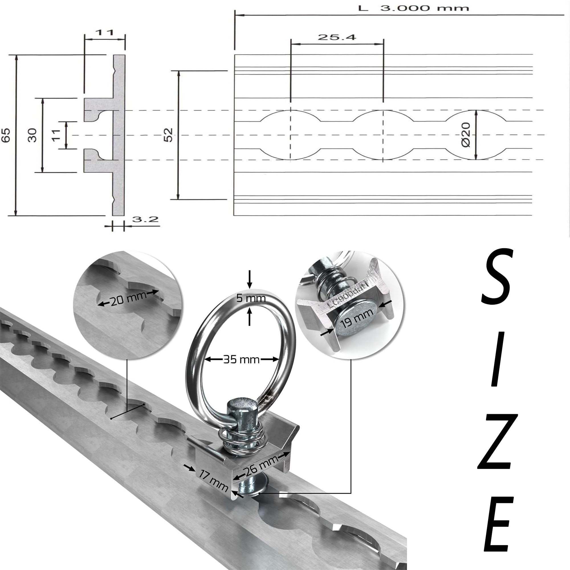 Airline Rail Lashing Rail Half Round in Set with Fittings