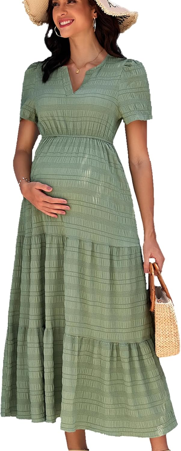 AISWI Summer Maxi Maternity Dress Pockets Casual Vacation Boho Baby Shower Short Sleeves A Line Beach Sundress Pregnancy