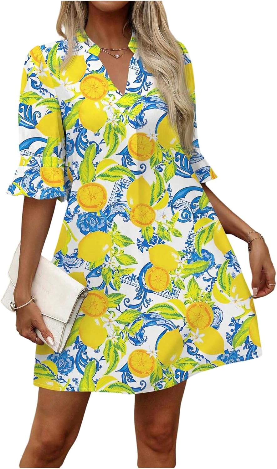 Floerns Women's Floral Tunic Dress 3/4 Ruffle Sleeve Notched Neck Vacation Smocked Boho Dresses - Image 6