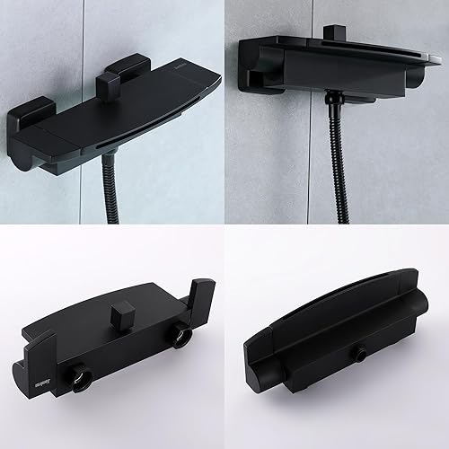 Miniatura 4 de Grifo de bañera en cascada de montaje en pared con ducha de mano, relleno de bañera de oro cepillado de 2 asas, grifo de pared de latón con