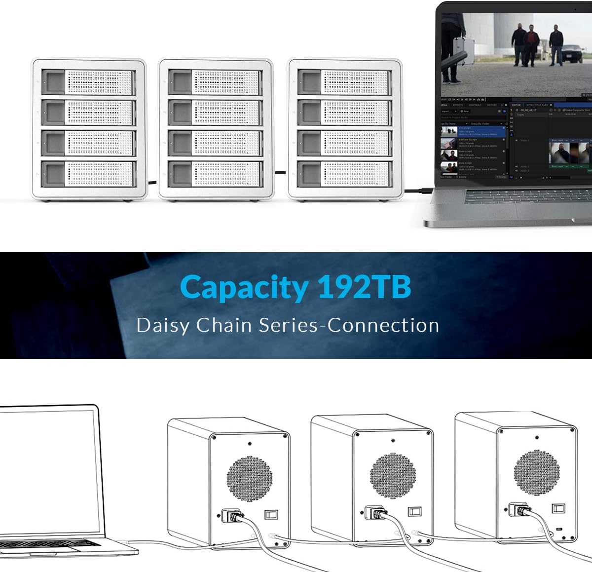 Three ORICO 4 Bay enclosures daisy-chained together and connected to a laptop