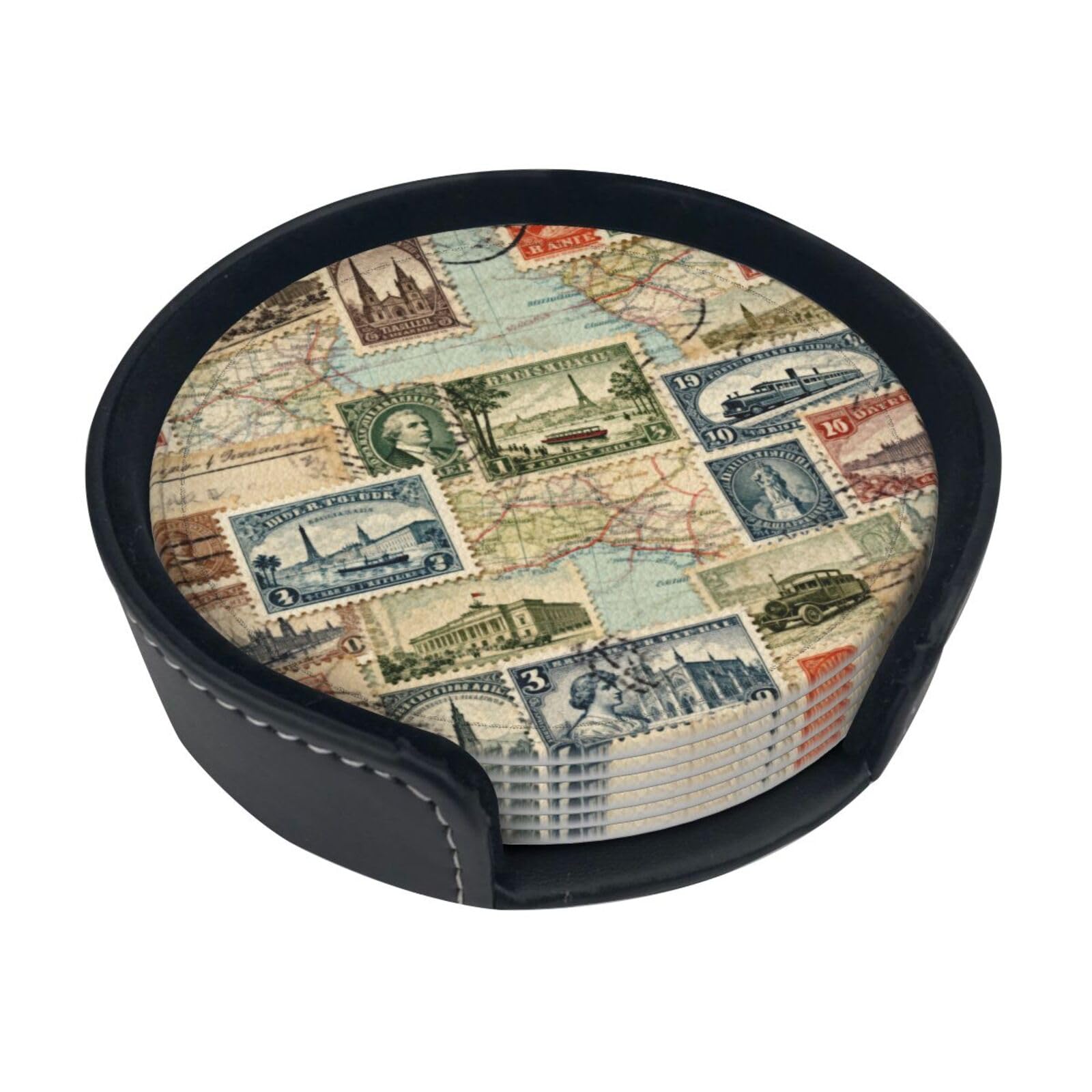 Cntdbu White Stamp Leather Coasters Set Of 6-Pu Leather Drink Mats For Table, Heat Resistant Round Coasters With Holder