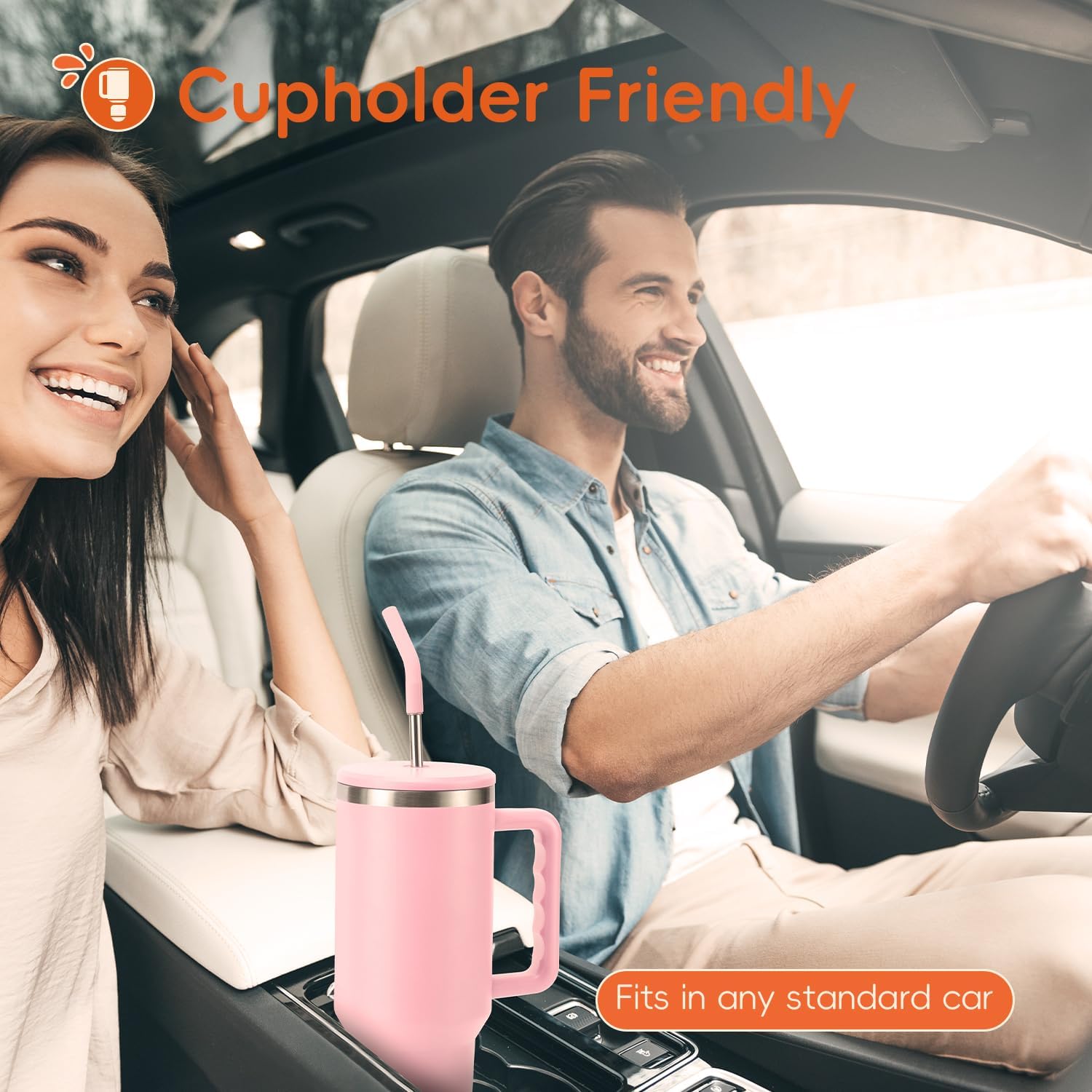 VUSIGN 40 oz Tumbler with Handle and Straw Lid, Stainless Steel Vacuum Insulated Tumbler Travel Mug Water Bottle Cup for Water Iced Tea Coffee Smoothie Car, Blush - Image 3