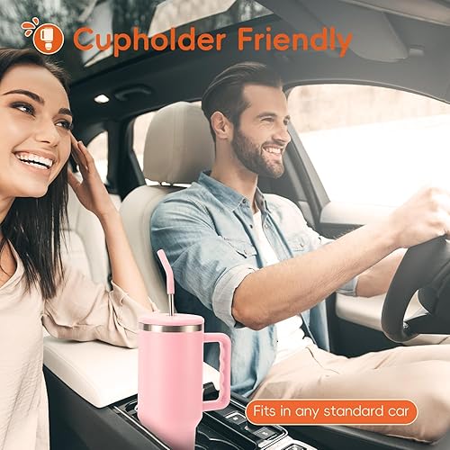 Miniatura 3 de VUSIGN Vaso de 40 oz con asa y tapa con pajita, botella de agua de viaje con aislamiento al vacío de acero inoxidable, taza de agua para té helado,