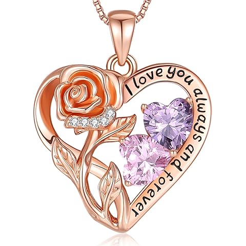 925 Sterling Silver Double Birthstone Rose Flower Heart Jewelry Necklaces for Women Anniversary Love Forever Necklaces for Her Birthday Gifts for Wife Girlfriend Mom Mothers Day Rose Gold