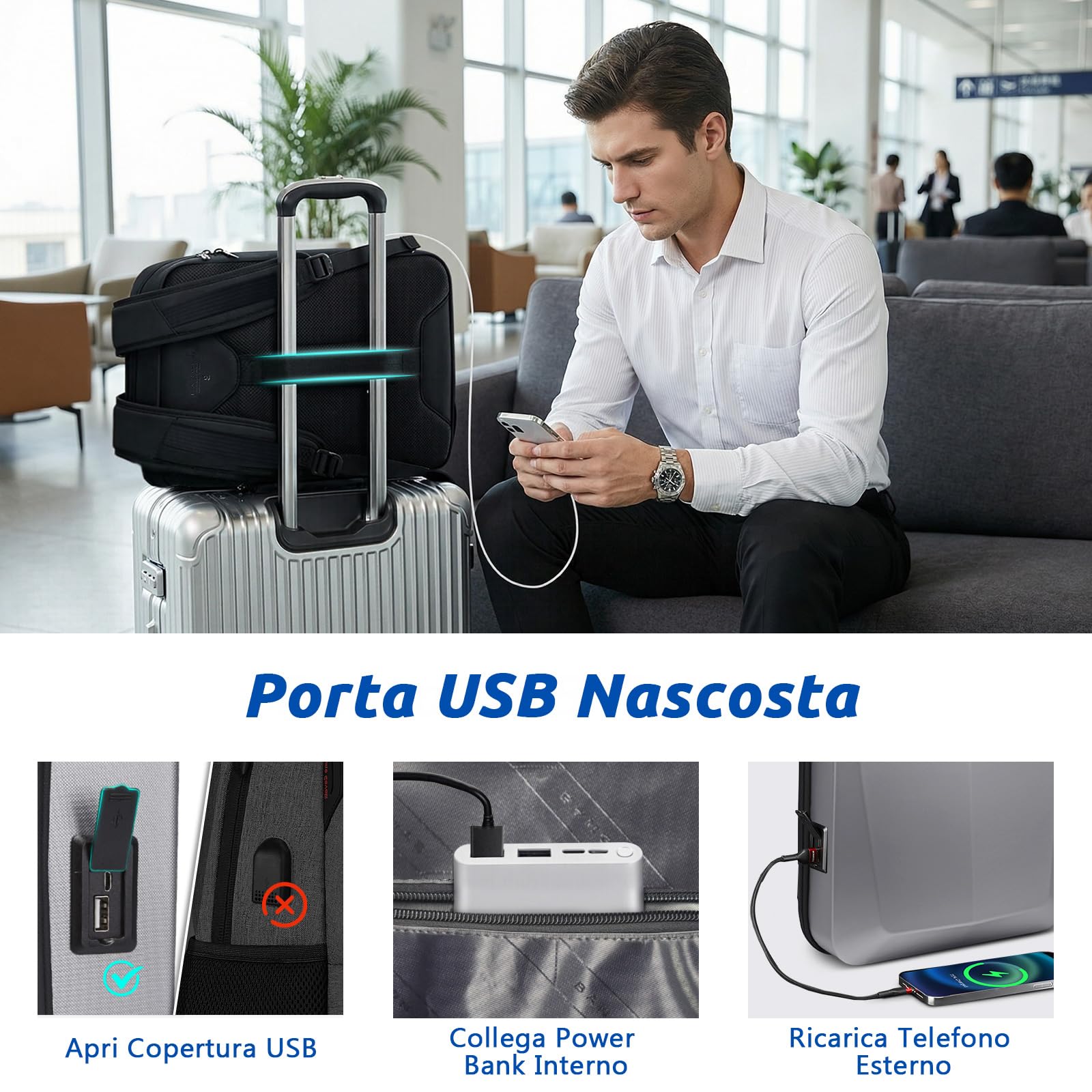 VARLIVOO Uomo Zaino con USB Porta 15.6" Laptop Zainetto Parola d'ordine Serratura Borse Lavoro Viaggio Scuola Università Campeggio Antifurto Zaino Impermeabile Polyester D'argento