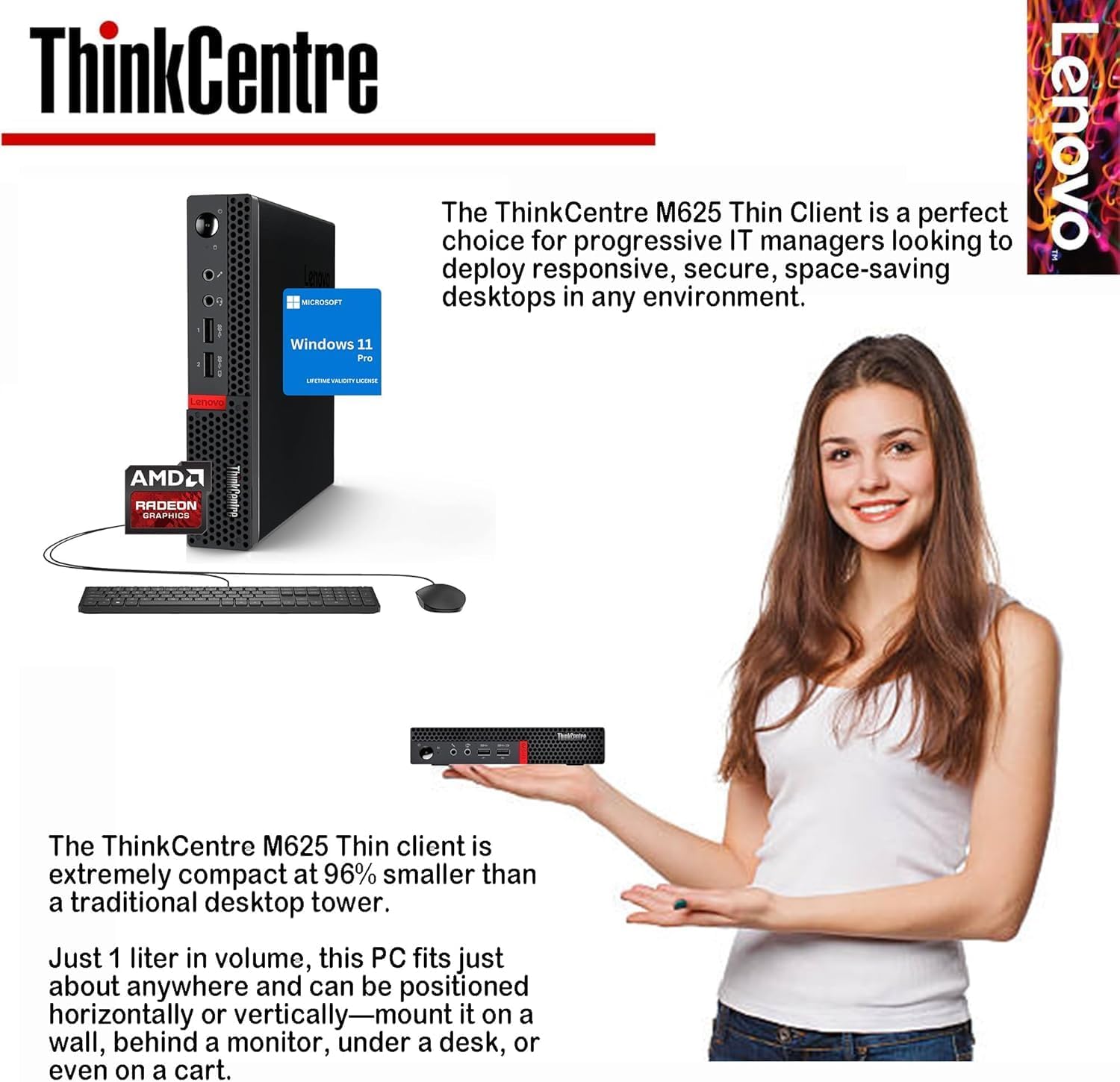 Lenovo ThinkCentre Micro Desktop, 16GB RAM, 512GB SSD Drive, AMD Processor & Graphics, Dual-Display Support, Wi-Fi, Bluetooth, USB, RJ-45, Home-Friendly, Business-Grade, Windows 11 Pro