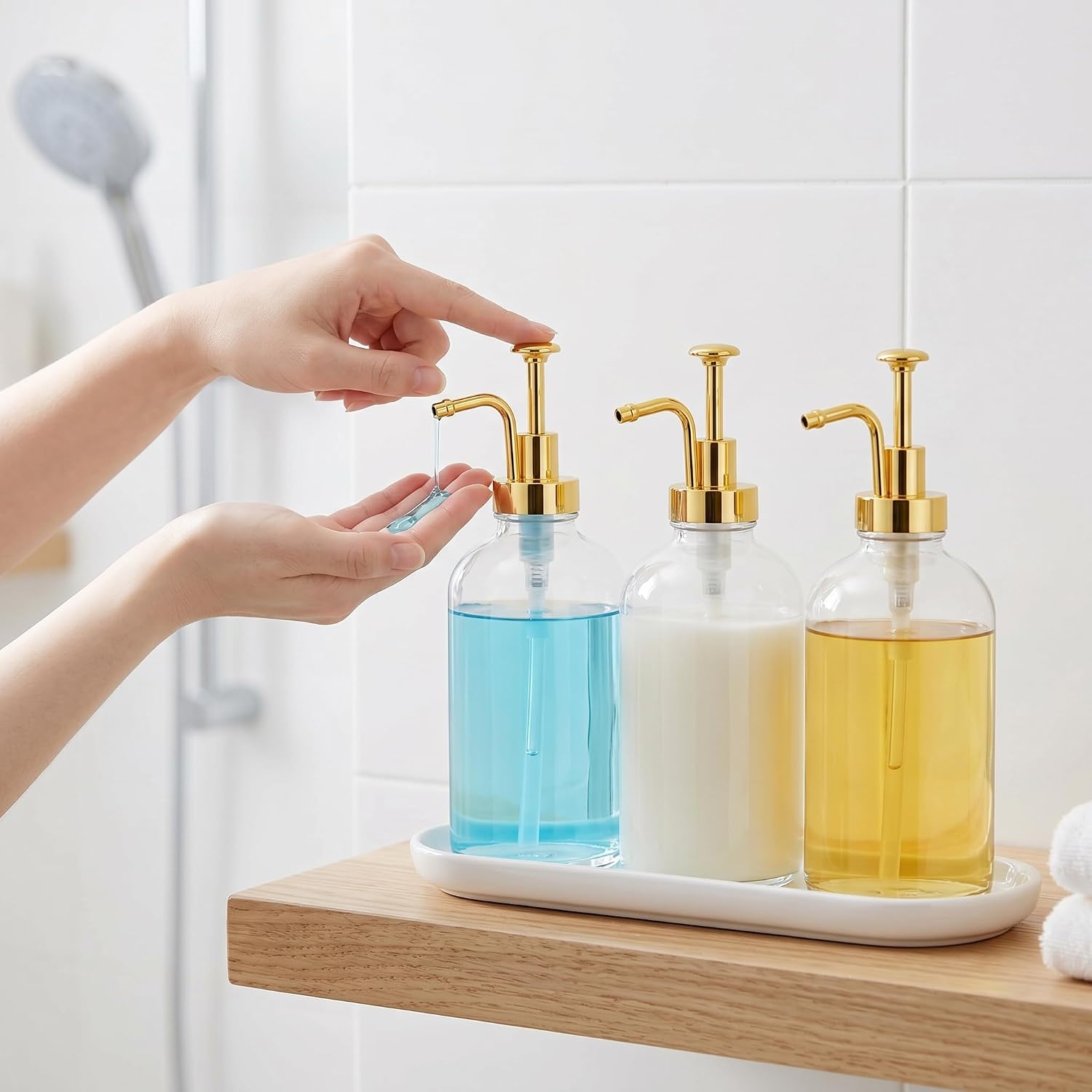 Shampoo and Conditioner Dispenser Set,16.91 oz Glass Soap Dispenser Bathroom with Waterproof Labels and 1 Silicone Folding Funnel,Refillable Shower Soap Bottles for Bathroom Counter or Shower,3 Pack