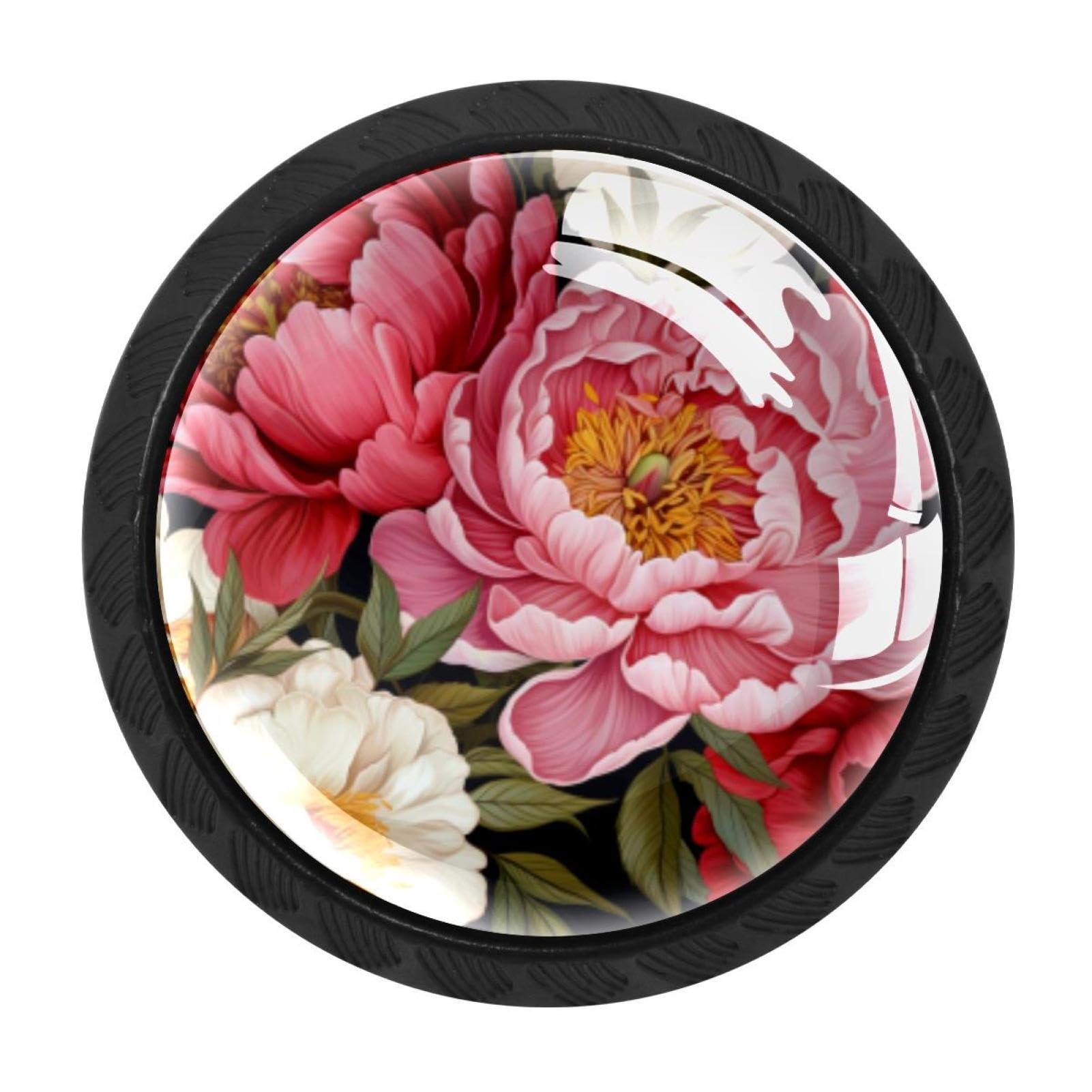 CHENZZZZ 4 Pack Drawer Knobs, Black Handle Dresser Drawer Pulls, Round Decoration Cabinet Hardware Pulls with Screws for Kitchen Cupboard Wardrobe, Peony