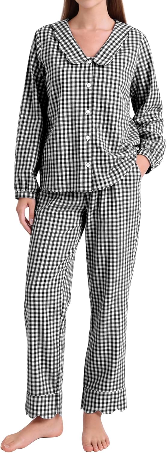 PEHMEA Women's Plaid Pajamas Set 2 Piece Cotton Gingham Sleepwear Puff Sleeve Scalloped Babydoll Shirt Lounge Pj Sets
