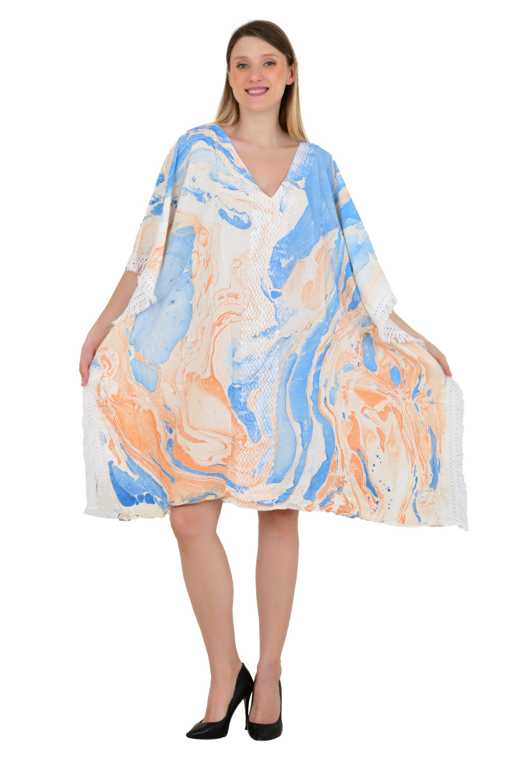 One Size Boho Multicolored Marble Print Kaftan Dress for Women Bikini Beach Cover Up, Maternity, Lounge & Vacation Wear Elegant Look Travel Wear Sundress Caftan Dress-image-44