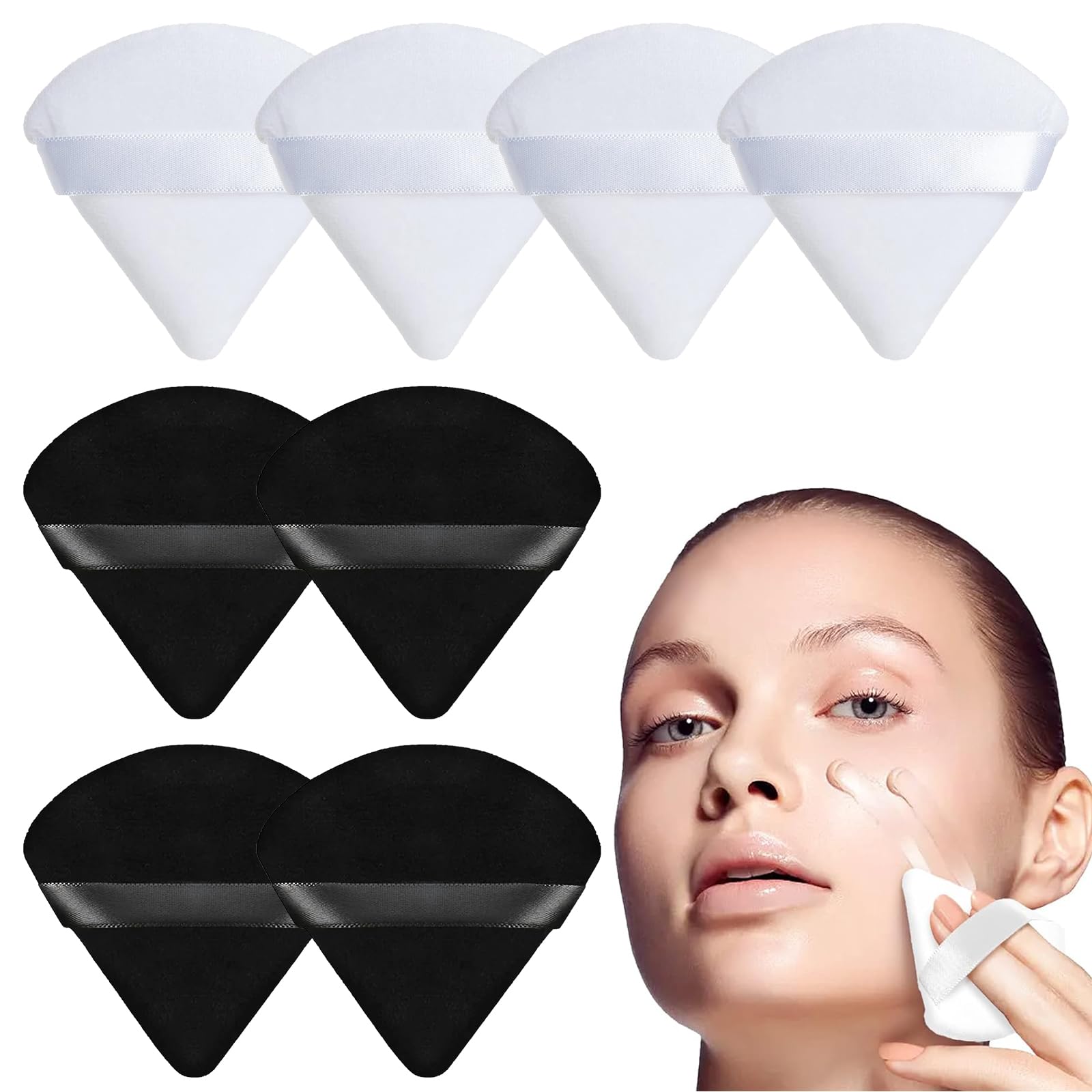 nalainaPure Powder Puff, 8pcs Face Makeup Triangle Puff, Sponge Powder Puffs for Loose Powder Mineral Powder Wet Dry Beauty Makeup Tool for Contouring Under Eyes and Corners (Black White)