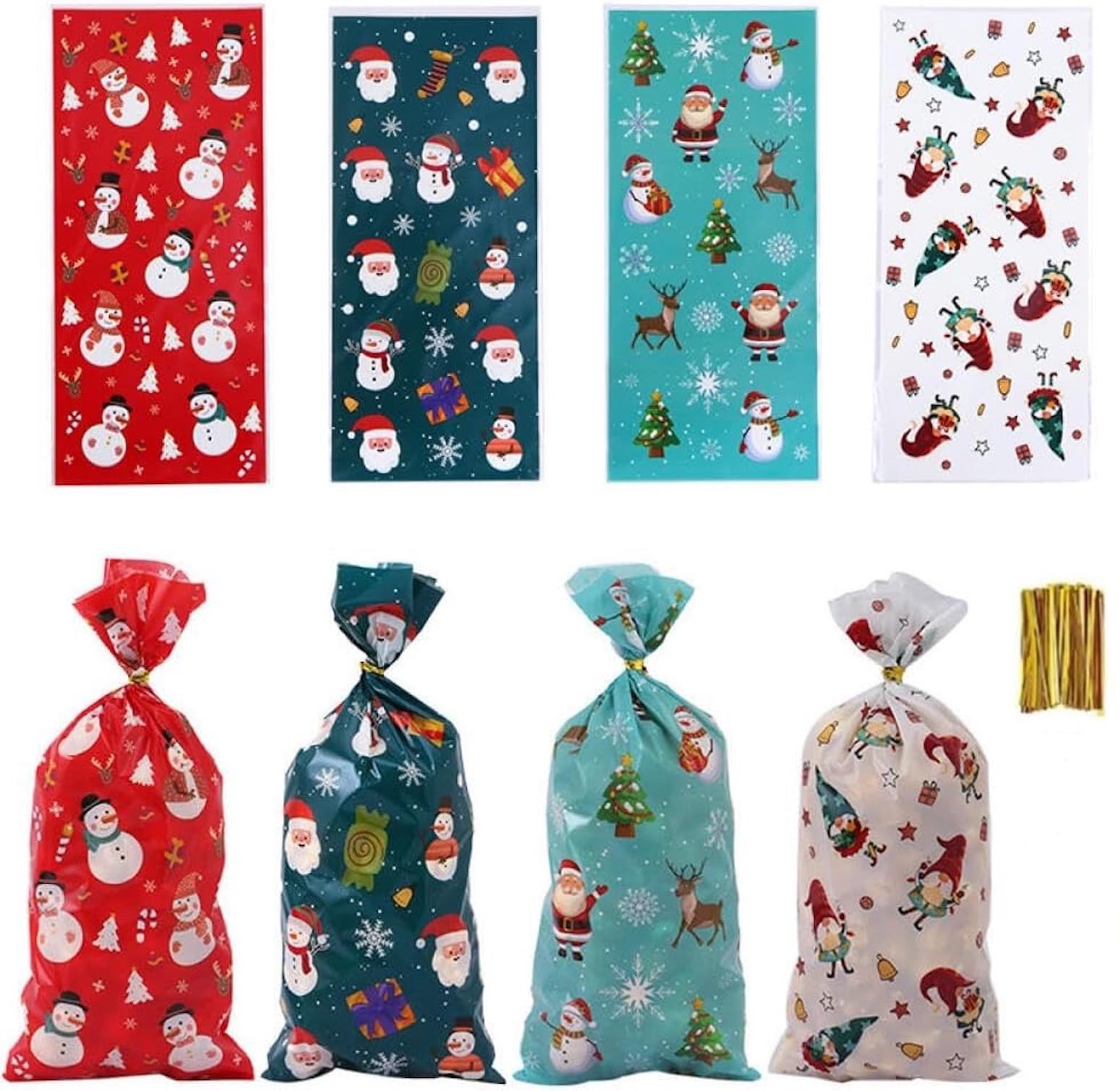 100 PCS Christmas Candy Bag, STRAID Christmas Candy Cookie Bags with Twist Ties, Christmas Cellophane Bags Candy Bags for Christmas Holiday Party Favors