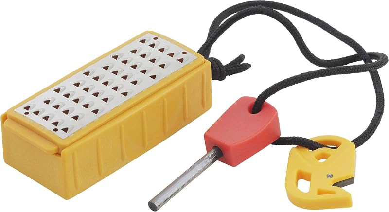 Smith's 50562 Pack Pal Tinder Maker con encendedor de fuego – Rallador de acero inoxidable – Striker – Yesca natural – Herramienta de supervivencia al aire libre – Ligero – portátil, Amarillo