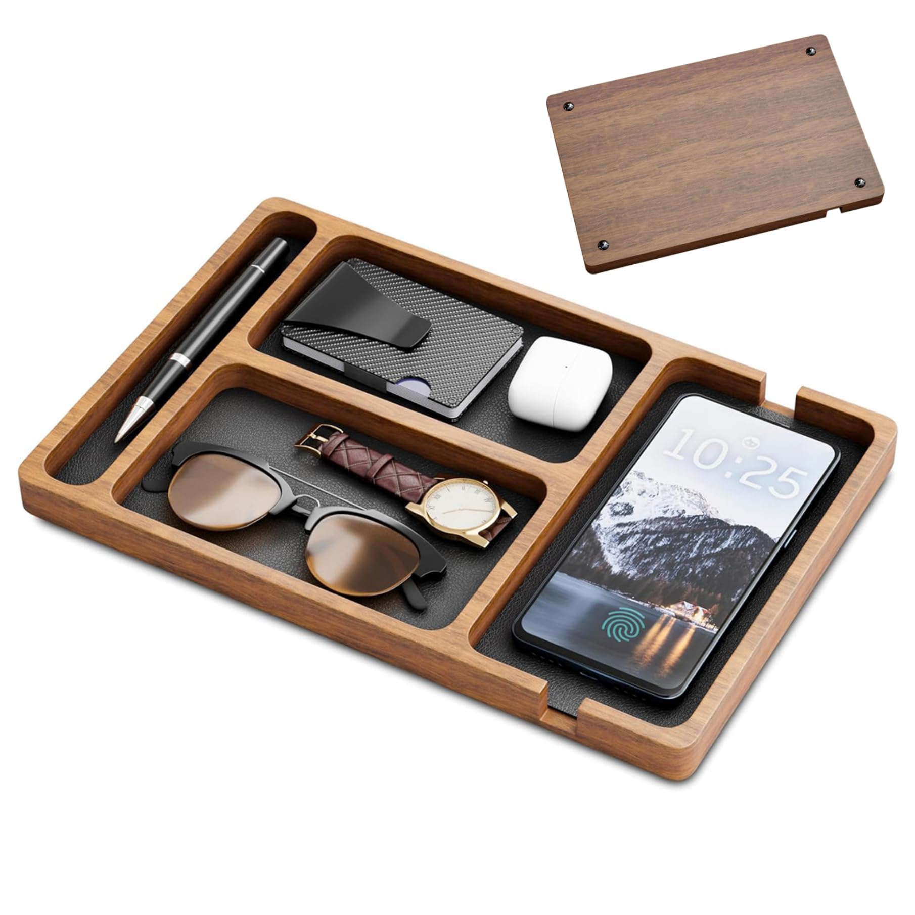 Peosaard Men's Wood Color+Black Wooden Valet Tray With Leather Inlay, 12X8" Compartt Night Stand Organizer For Wo, Catch All Tray For Keys, Phone, Wallet, Watch, Earbuds Gift