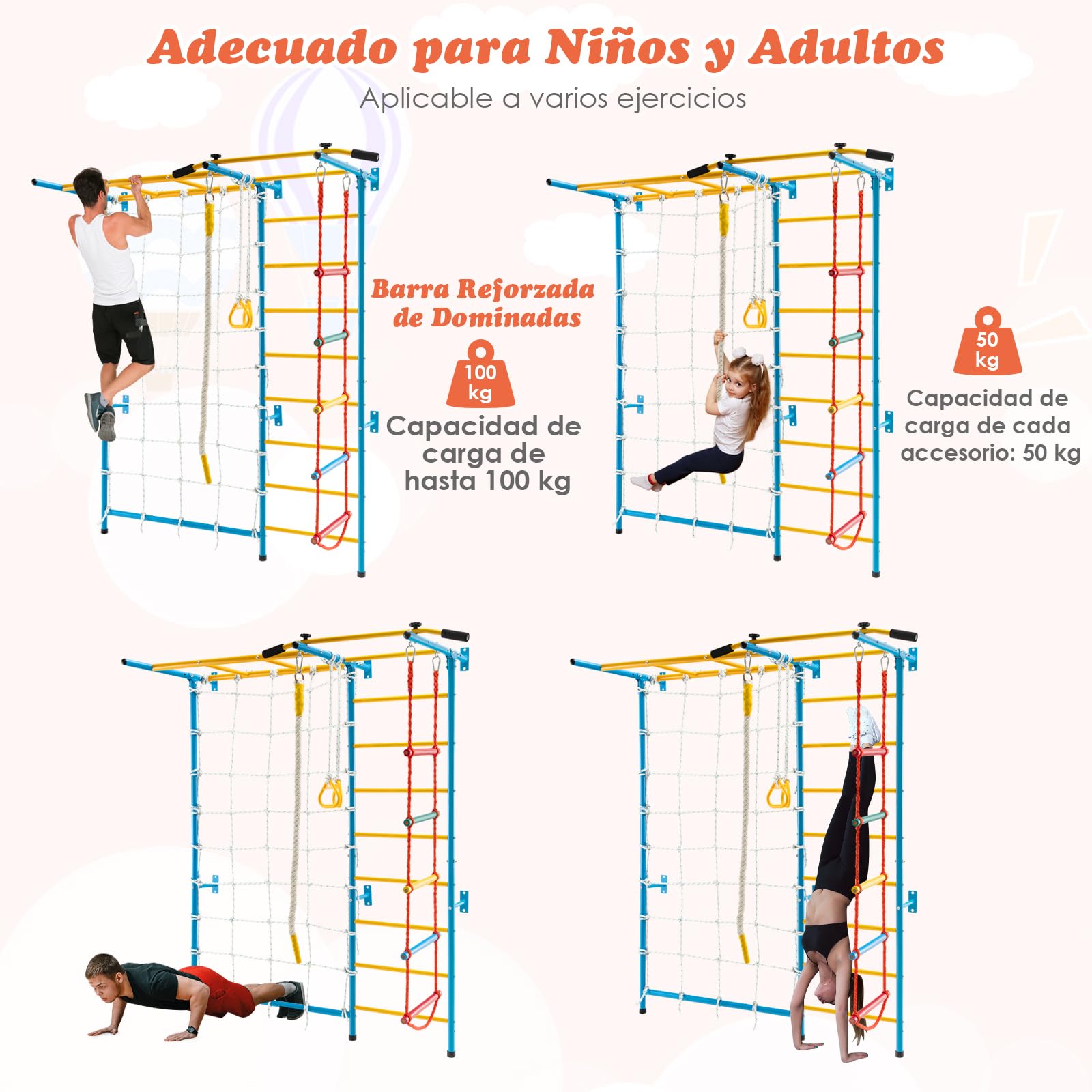 COSTWAY 7 en 1 Juego de Escalada para Niños, Gimnasio de Interior con Muro de Cuerda, Escalera de Pared, Barra de Elevación, Escalera de Cuerda, Cuerda y Anillos de Gimnasia para Niños de 3+ Años