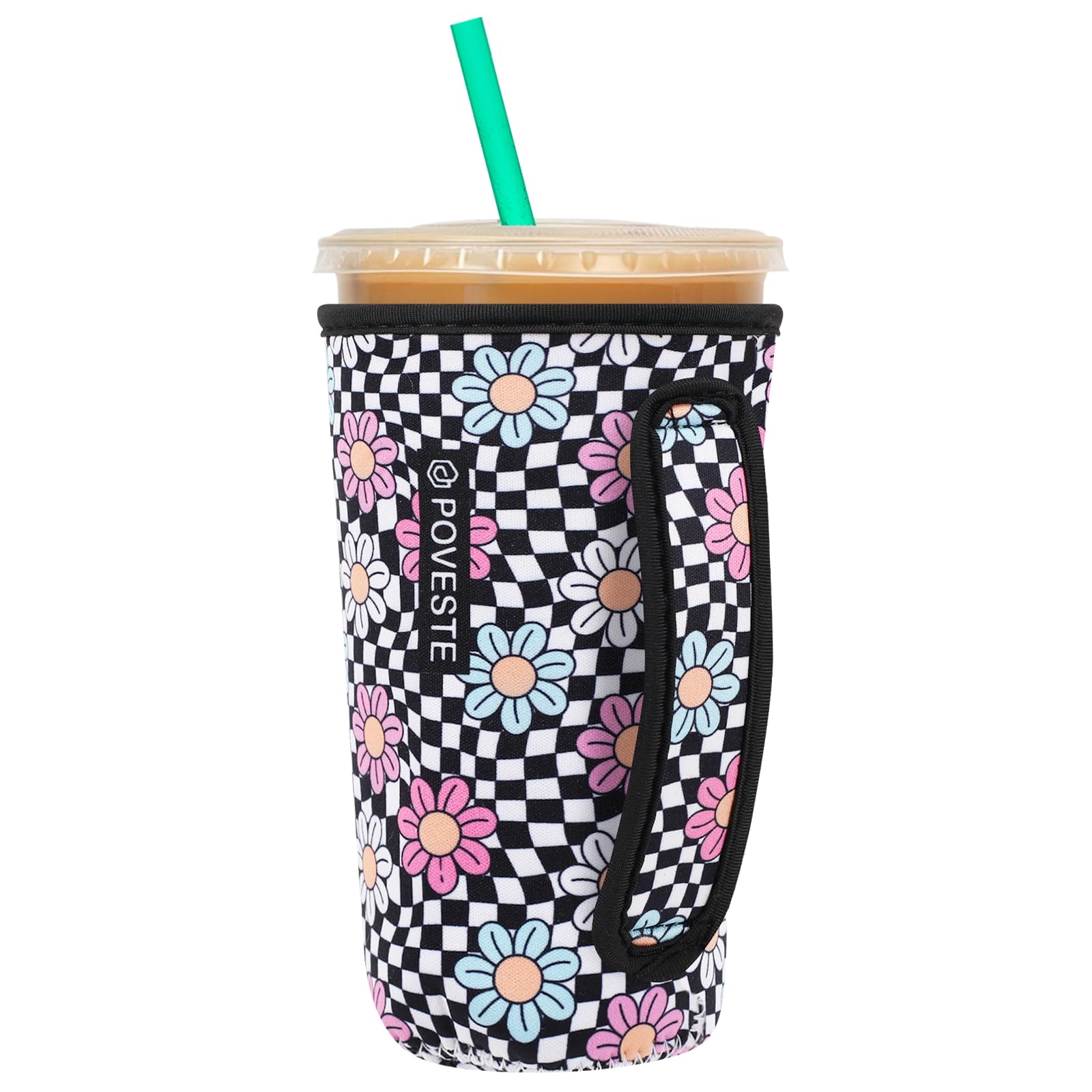 Reusable Neoprene Insulator Sleeve for Iced Coffee &amp; Cold Soda, Coffee Sleeves for Iced &amp; Hot Drinks, Cold Beverage Cooler Compatible with Starbucks, Dunkin (Checkerboard&amp;Daisy, Large: 32oz)