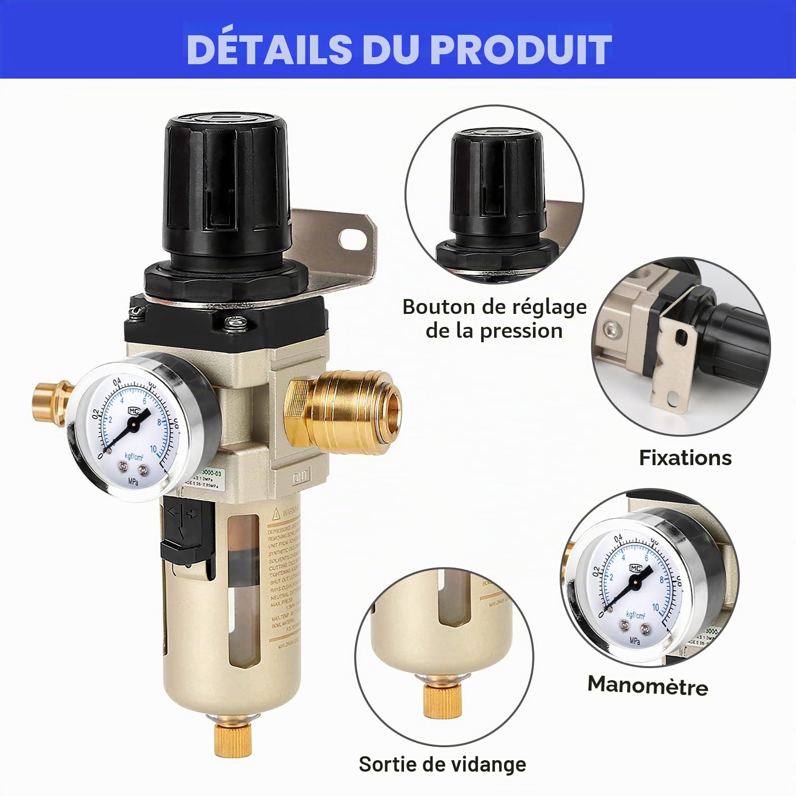 Réducteur De Pression D'air Comprimé 3/8, Séparateur D'eau Air Comprimé, Régulateur De Pression, Séparateur D'eau Réducteur De Pression, Régulateur D'air Comprimé