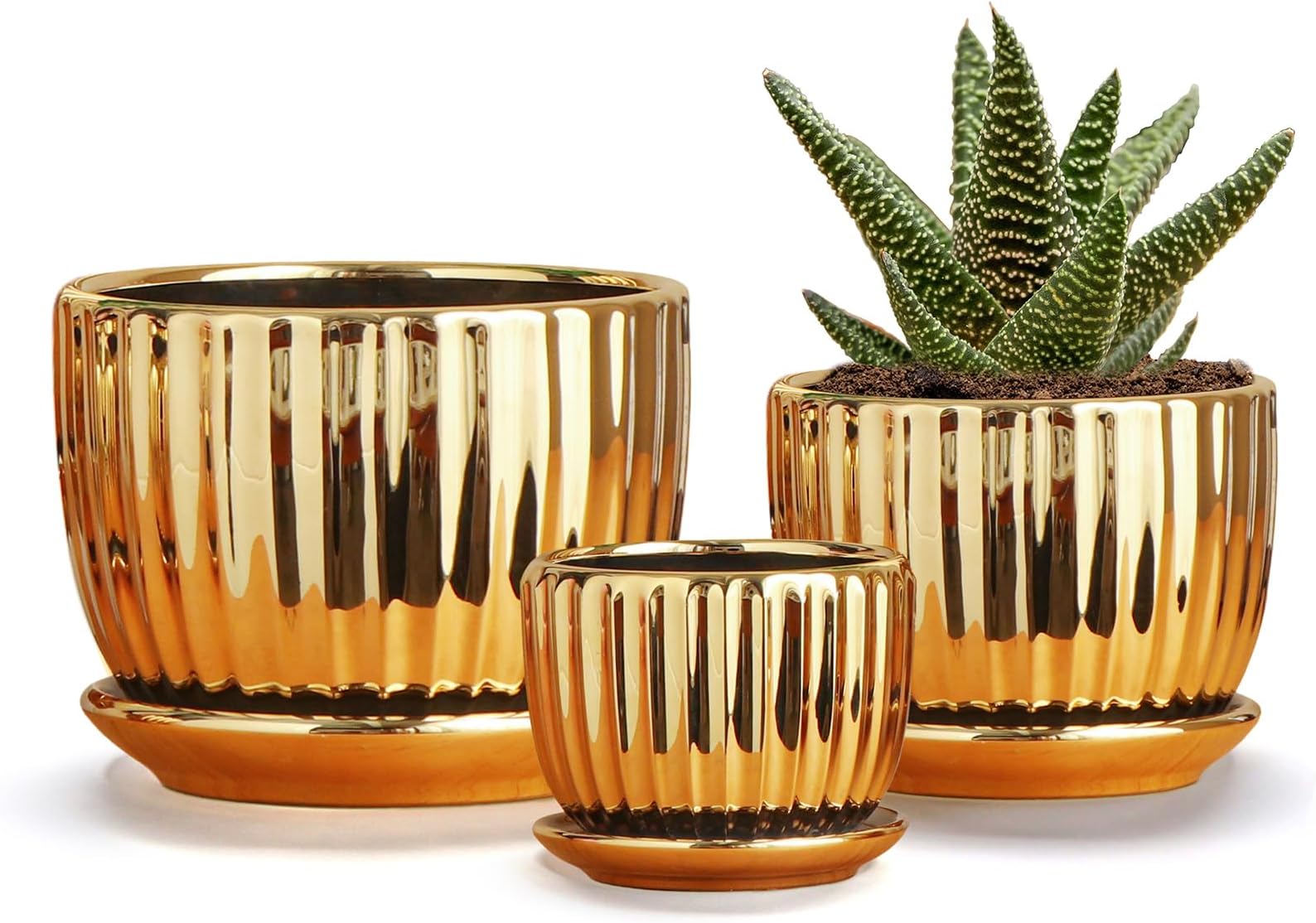 Ton Sin Gold Plant Pots,4.1+5.1+6.5 Inch Ceramic Succulent Planters Set of 3 Mini Indoor Flower Pot with Drainage,Handmade Decorative Ceramic Orchid and Herb Pots(Gold)