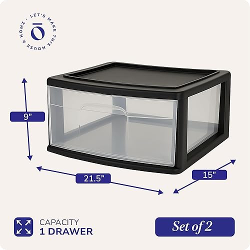 Miniatura 2 de HOMZ Paquete de 2 carritos de almacenamiento de 1 cajón, recipiente de plástico transparente, cuerpo de 15 pulgadas de ancho, marco negro,