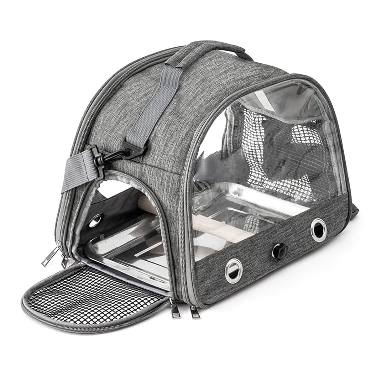 Sac de Transport Pliable pour Oiseaux - Cage de Voyage Ventilée avec Perchoir Inoxydable pour Perroquets, Perruches et Petits Animaux - Design Léger et Portable (Gris)