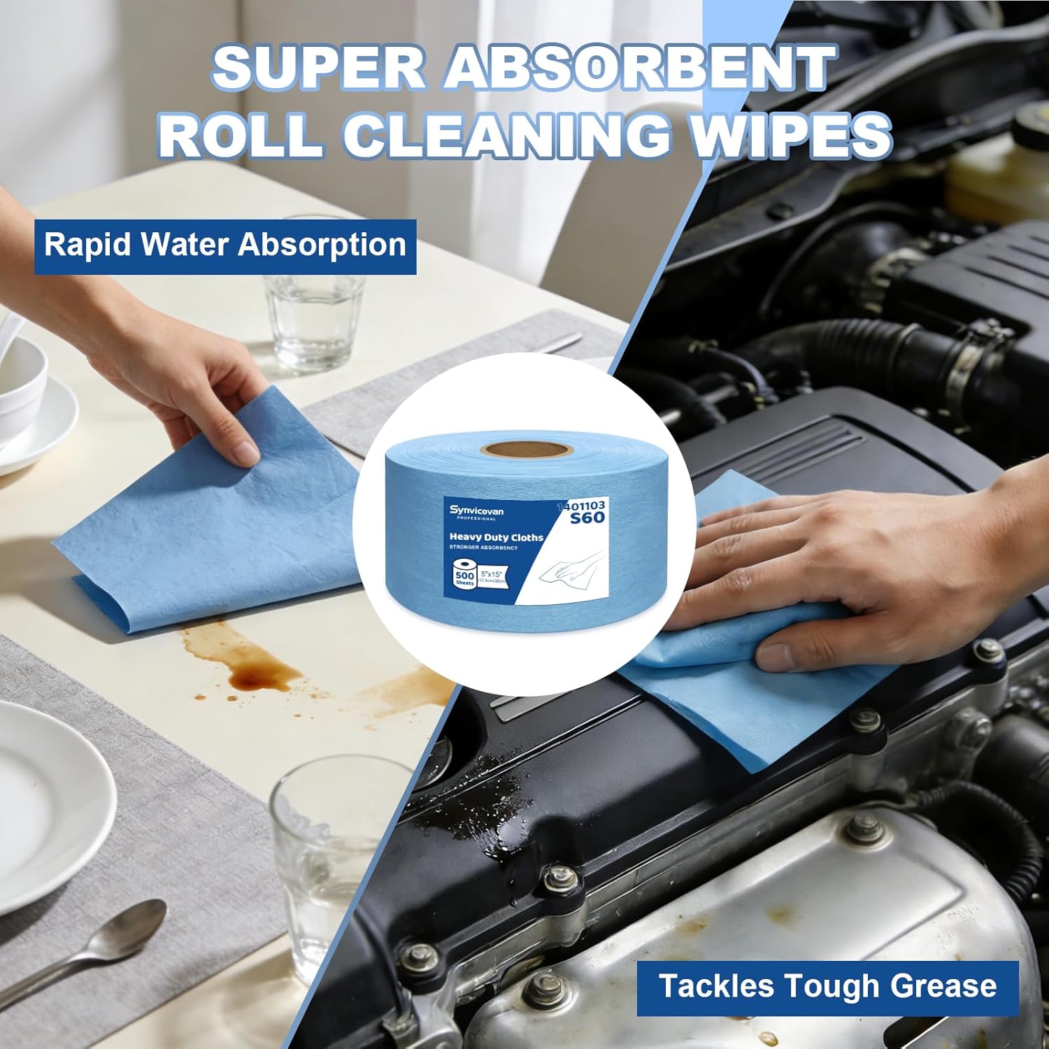 Cleanroom Wipes Heavy Duty Cloths, Lint-Free and Extra Absorbent Towels Jumbo Roll, Blue (15"x 5", 500 PCS)