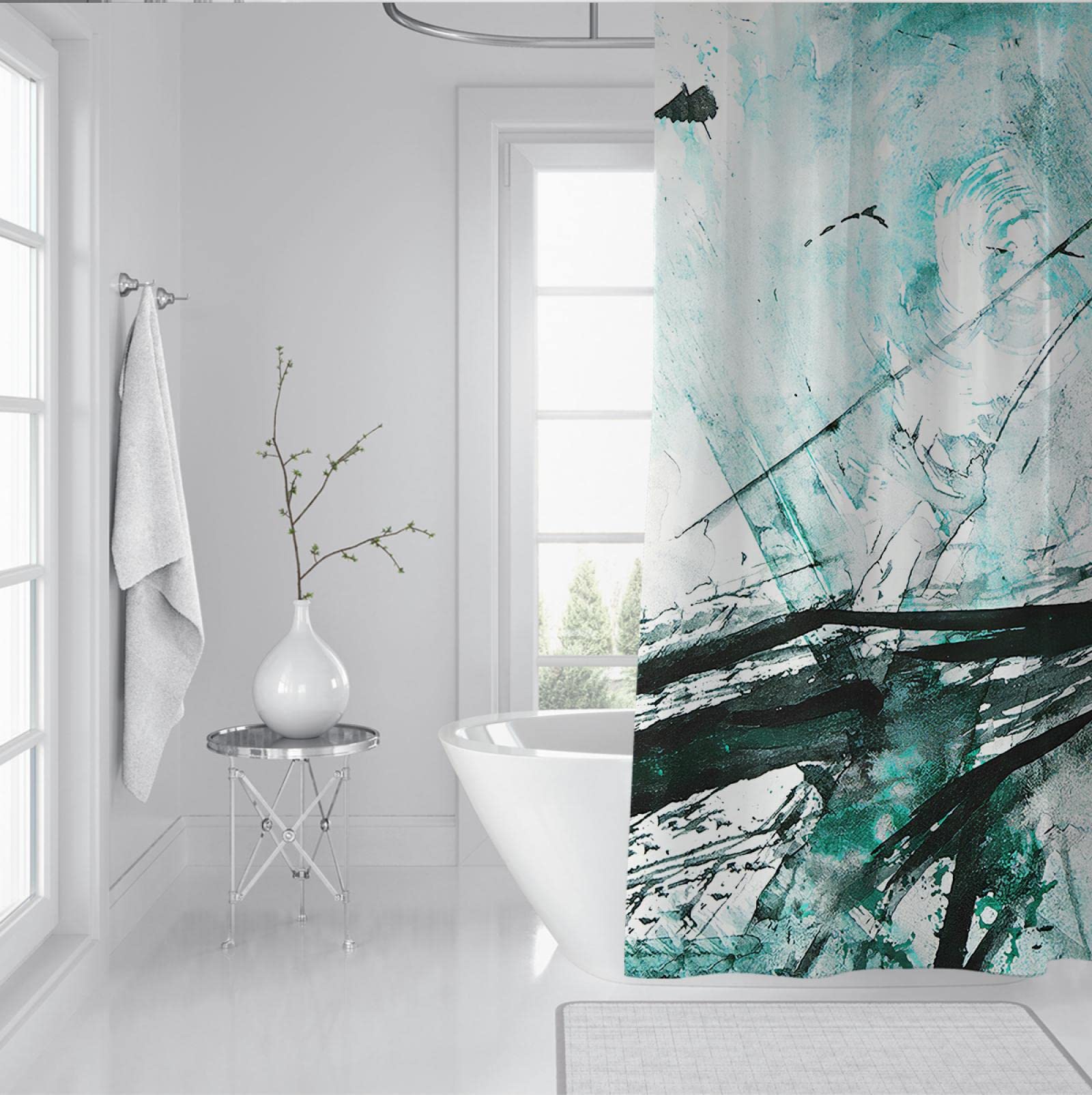 Pintura Abstracta con Juegos de Cortinas de Ducha Azules Juego de Cortinas de Ducha de Tinta artística con Ganchos Cortina de Ducha Impermeable y fácil de Limpiar para baño W190xL220cm