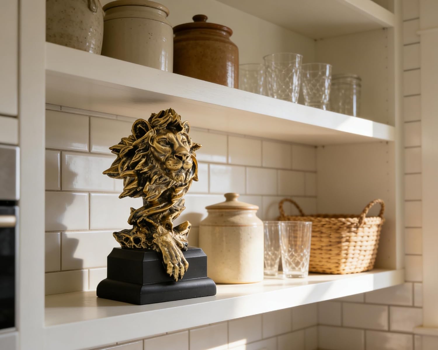 Lion Bust Sculpture with Matte Black Base 9 inch Anqitue Gold, Abstract Design for Shelf Desk Office Decor, Gift for Leo Big Cat Enthusiasts