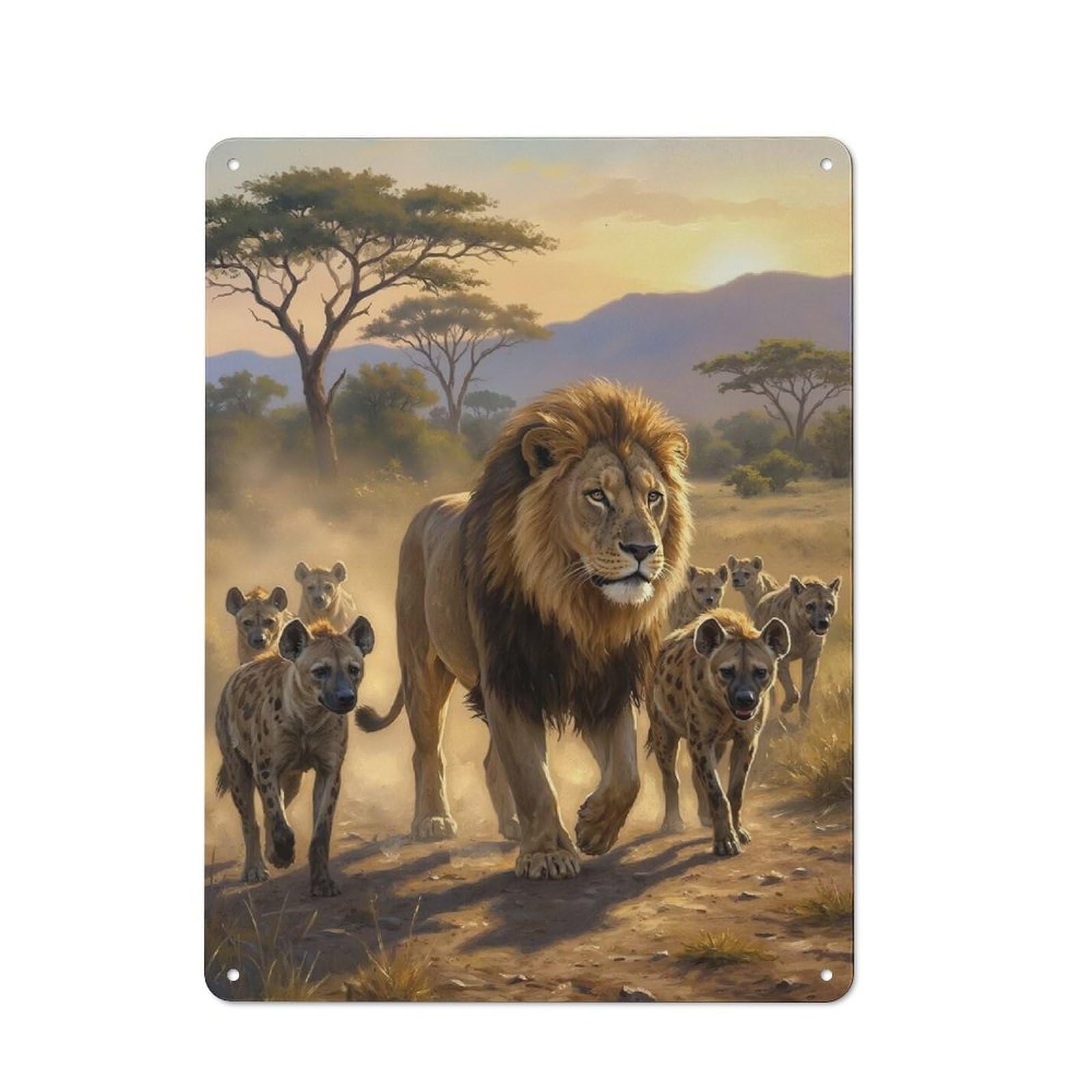Junmoney Style-12 Lion And Hyenas In African Savannah Classic Metal Wall Decor 40X30cm, Tin Sign For Bar, Kitchen, Garage Or Games Room