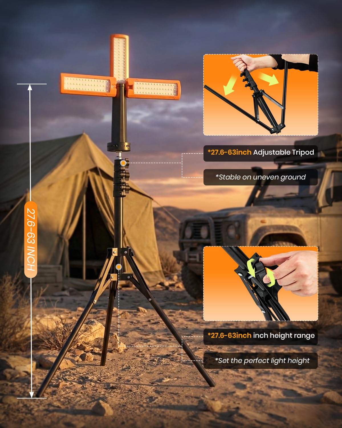 SakerNeo Wiederaufladbare Campingleuchte mit Ständer, 2000 Lumen, tragbare Campinglaterne, 3-blättrige verstellbare Köpfe, 180°/270°, 10400mAh Akku, 5 Helligkeitsstufen, Magnetfuß & Haken zum