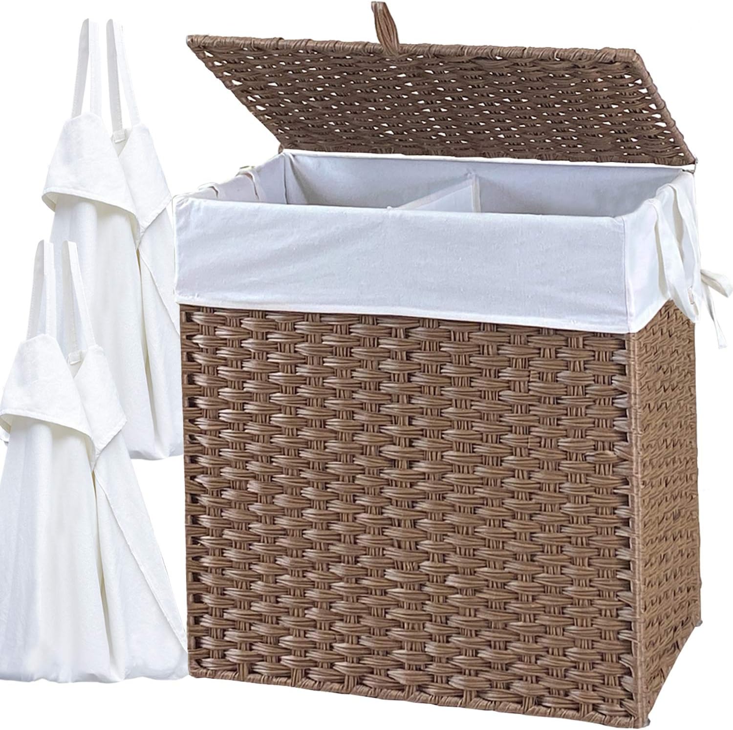 Baner Handwoven Laundry Hamper with 2 Removable Liner Bag, Synthetic Rattan Laundry