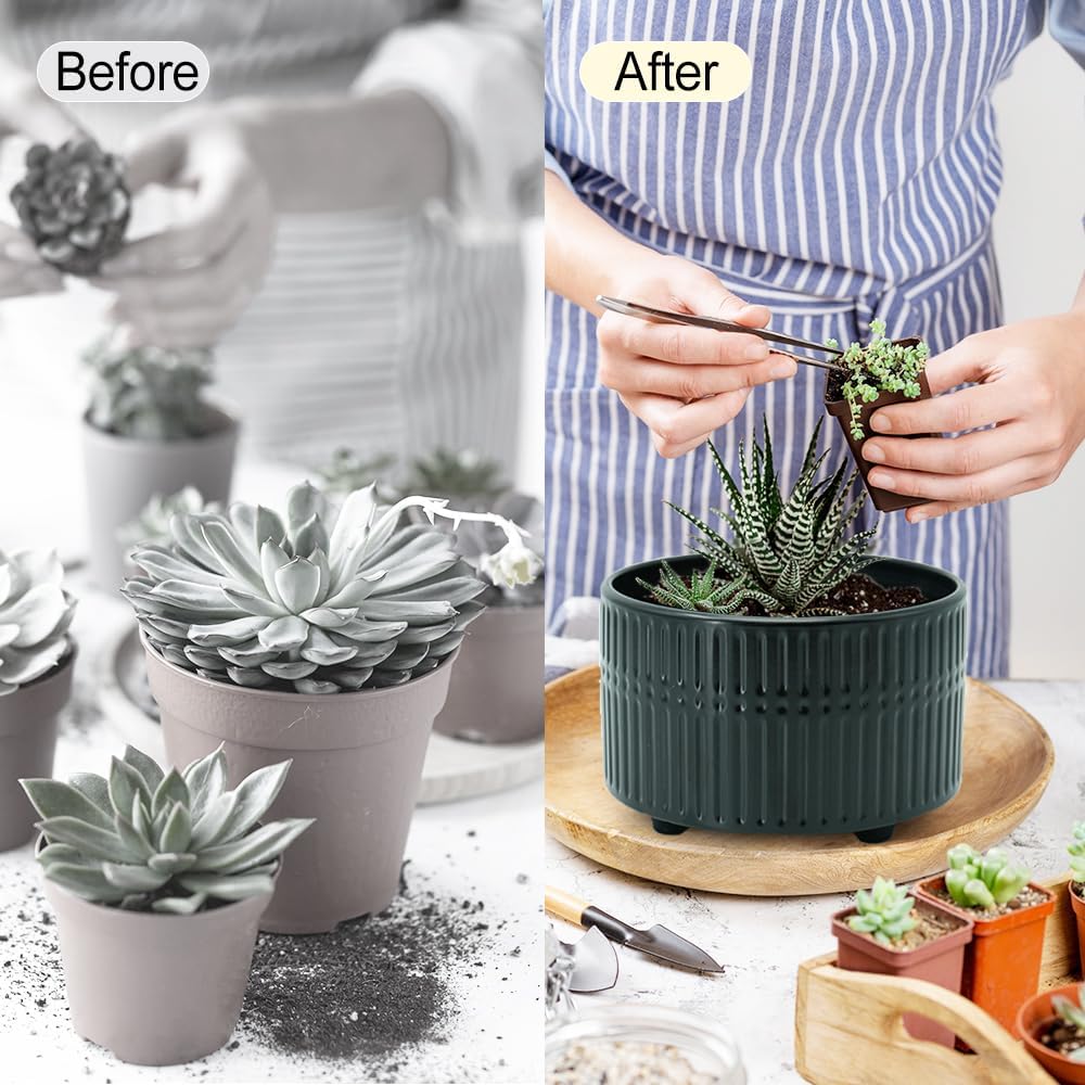6.5+8 Inch Succulent Pots, Ceramic Planters with Drainage Hole, Set of 2 Modern Fluted Stripe Design Indoor Planters, Gifts for Women, Black