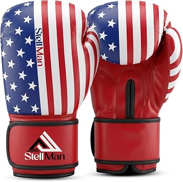 Boxing Gloves USA Flag Design for Men & Women 8oz-12oz Muay Thai MMA Kickboxing Pro Training Sparring Gloves with Hook and Loop Wrist Support and Ventilation