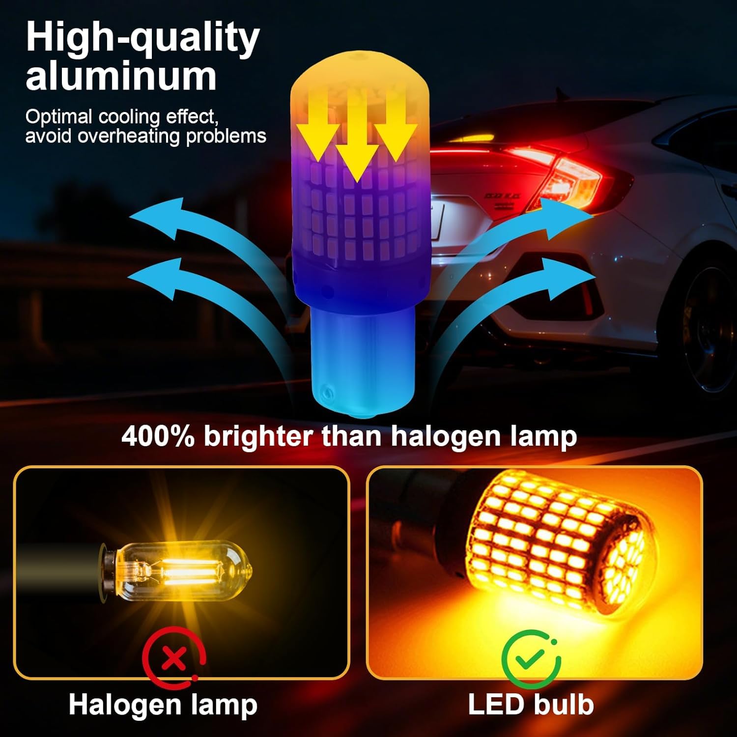 2 sztuki żarówki wskaźnikowe PY21W 581 Amber Yellow 1156 BAU15S LED, bez błędów Canbus, 2800 lm, super jasne przednie i tylne światła kierunkowskazów, 12-24 V, 30 W, 7440, 144 SMD, uniwersalne