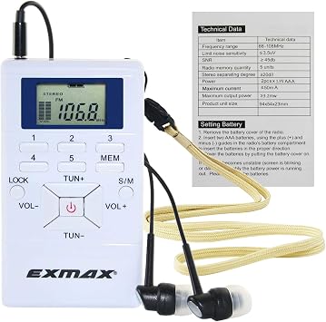 EXMAX E108 Wireless FM Radio Receiver Portable DSP Stereo Pocket Mini Receiver Digital Samll Earbuds LCD Clock for Translator Tour Guide System FM Transmitter Work - White