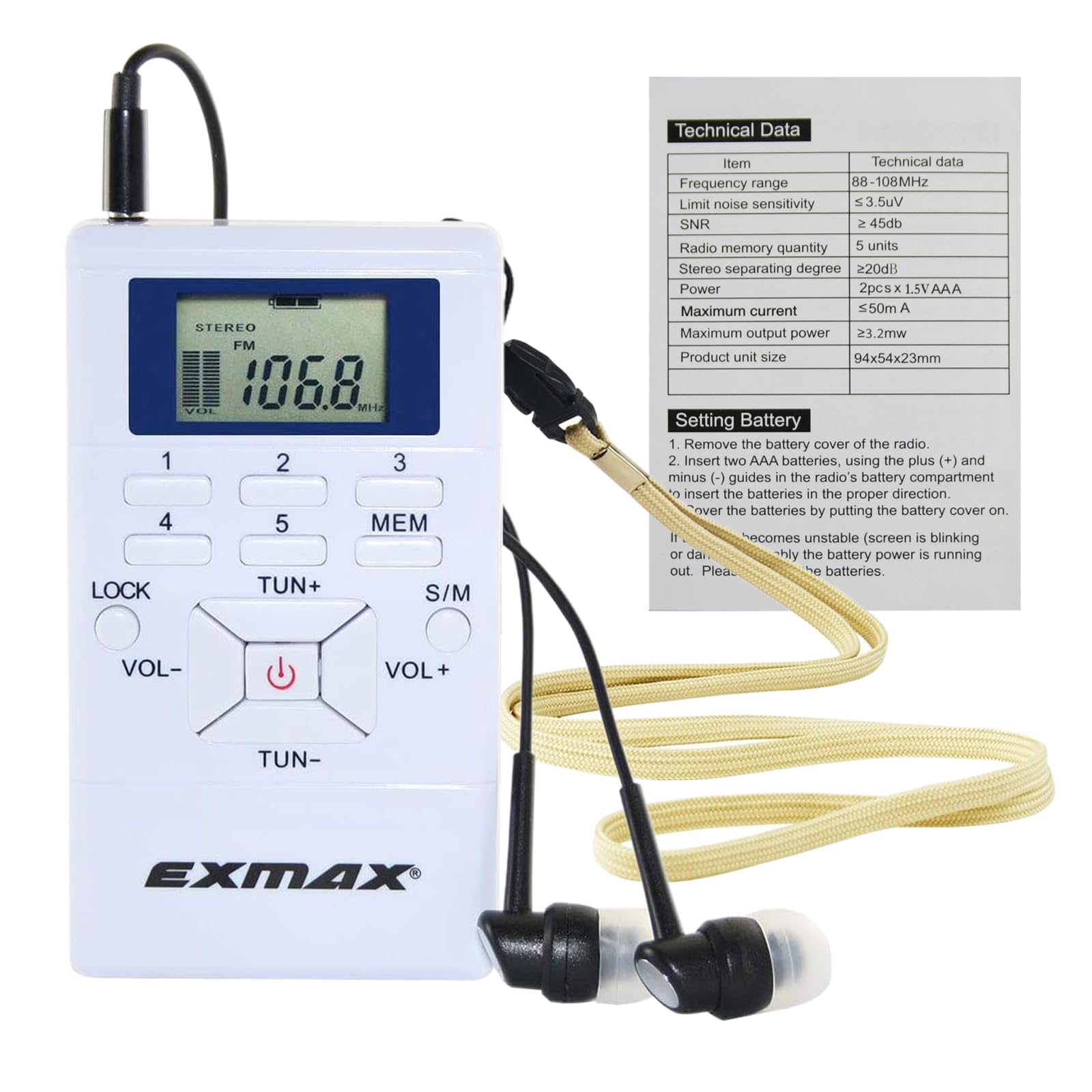 EXMAX E108 Wireless FM Radio Receiver Portable DSP Stereo Pocket Mini Receiver Digital Samll Earbuds LCD Clock for Translator Tour Guide System FM Transmitter Work - White