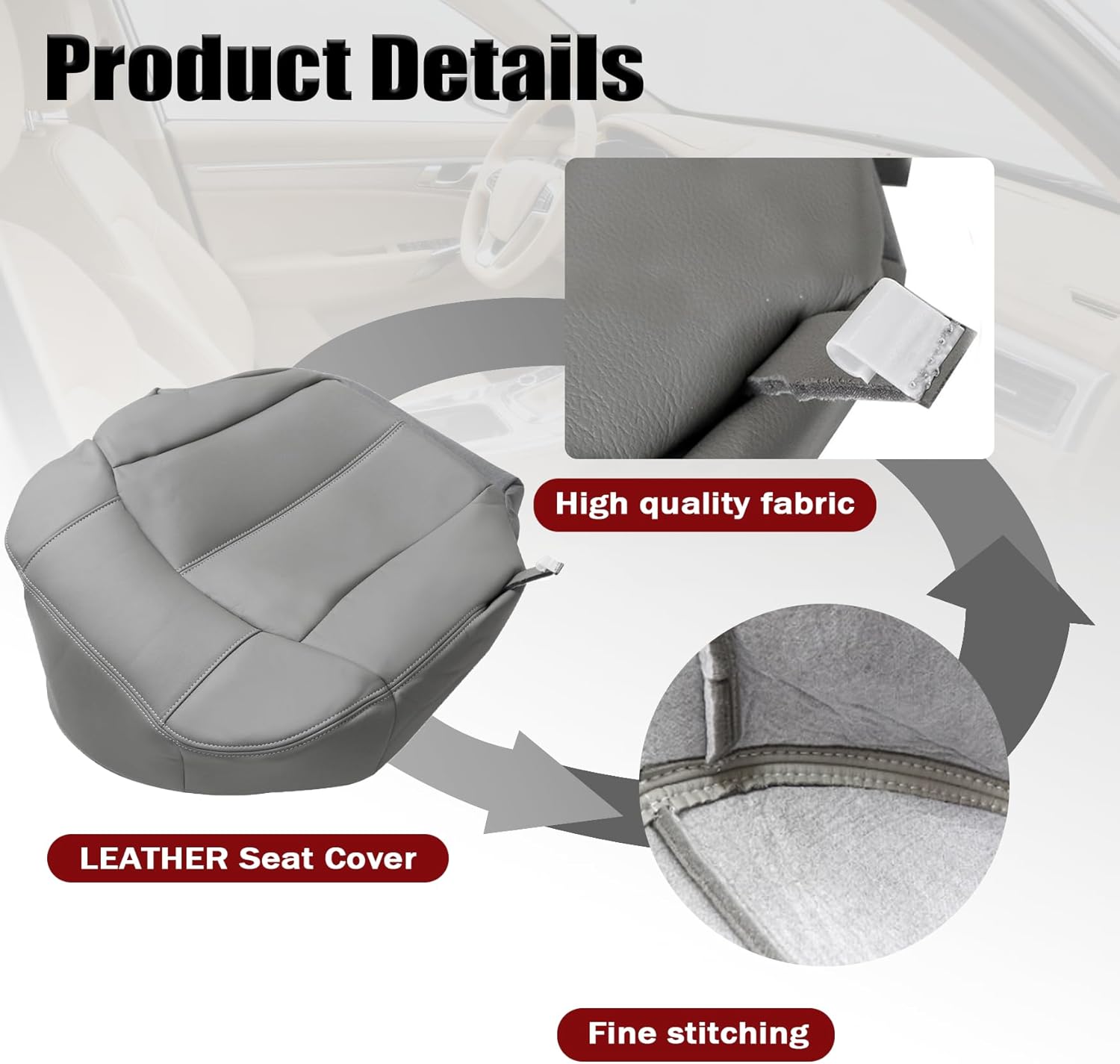 NLQR #922 or 122 Gray Front Driver Side Bottom Replacement Leather Seat Cover Compatible with Chevy Silverado Tahoe Suburban GMC Sierra 1500 2500 3500 HD 1999 2000 2001 2002