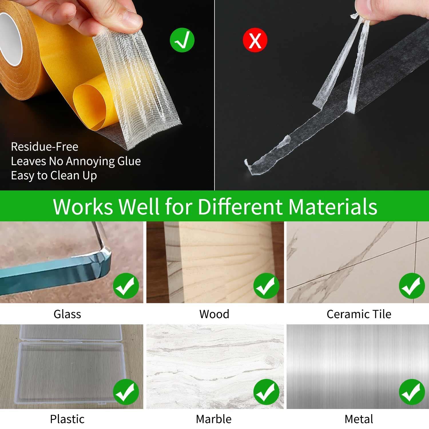 Paquete de 5 cintas de doble cara resistentes, 2 pulgadas x 66 pies (330 pies en total), cinta transparente súper pegajosa, adhesivo universal de alta adherencia fuerte con malla de fibra de