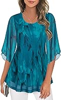 Ninedaily Women's 3/4 Sleeve Double Layer Mesh Tunic Blouse - Dressy Casual Tops for Work, Vacation, Wedding Guest